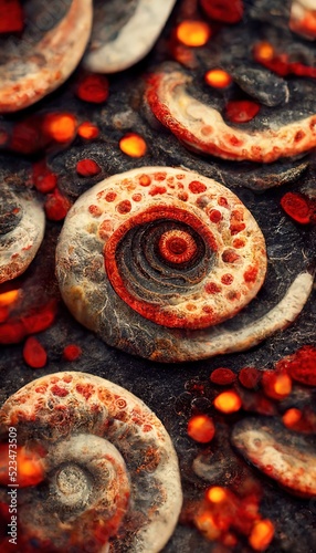 Deep dish ammonite pepperoni pizza in delectable surrealism - cravings of thicker cheddar cheese and dreams of more tomato paste swirls. Red hot and very unusual creative patterns series.