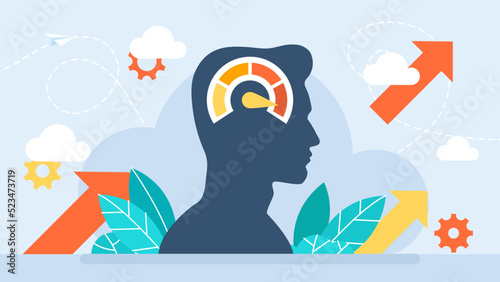 Speed of thinking. Fast work of the human brain. Personality development, evolution of business growth. Education, taking courses, trainings. Maximum load. Flat design. Vector illustration.