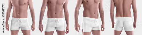 Mockup of white boxers for swimming, close-up, shorts, trunks on a guy, isolated on background.
