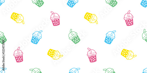 Boba tea seamless pattern vector bubble milk tea repeat wallpaper scarf isolated tile background gift wrapping paper illustration doodle design