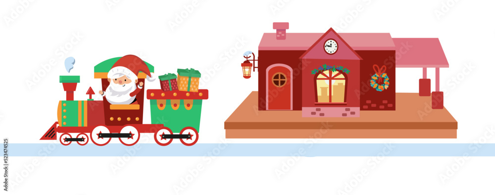Santa Claus rides the Christmas train with gifts in winter. Train station in flat style for design. Cartoon color character. Vector illustration.