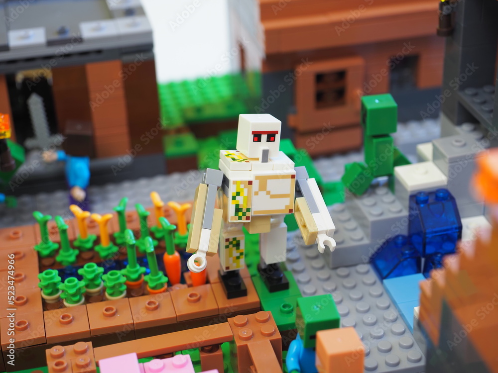 Naklejka premium Elements and fragments of Lego village world set. Characters of electronic game Minecraft. Children's designer with small details, developing motor skills and imagination.