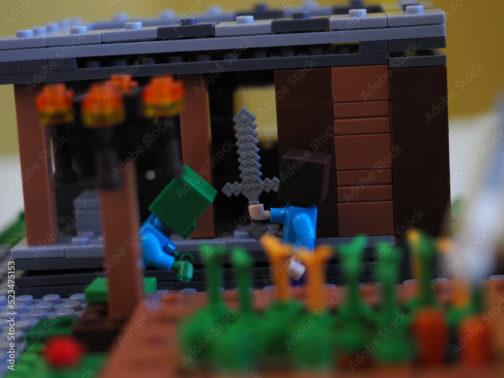 Fototapeta premium Elements and fragments of Lego village world set. Characters of electronic game Minecraft. Children's designer with small details, developing motor skills and imagination.