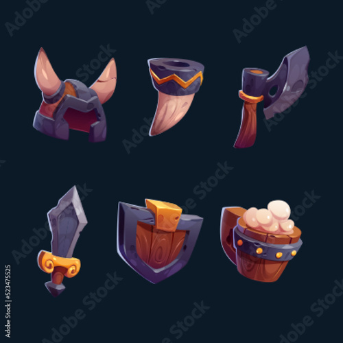 Viking icons with helmet, weapons, shield, bugle horn and beer mug. Nordic barbarian metal and wooden armour, axe, sword, hat with horns. Vector cartoon set isolated on black background