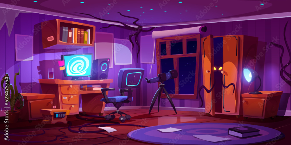 Teen room with alien or monster hiding in wardrobe. Halloween scary background of kids nightmares. Vector cartoon illustration of interior with computer, telescope and black tentacles