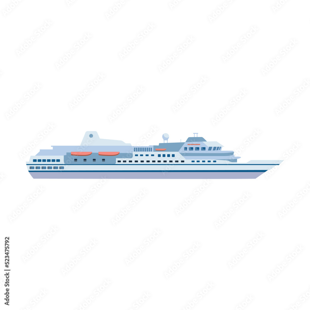Ocean transport. Ships, speed boats, yacht, sailboats, motorboat, cruise liners. Flat vector illustrations for nautical navigation