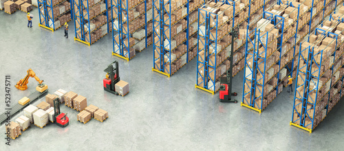 Warehouse Scene with Workers, High Shelves and Reach Fork Track. Logistics Concept. 3D illustration  © GraphicCompressor