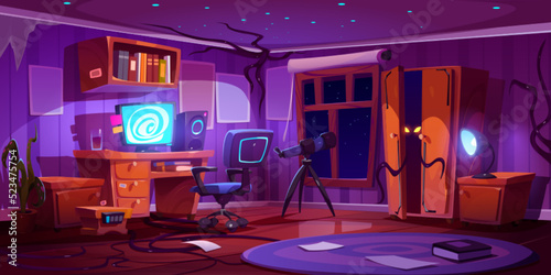 Teen room with alien or monster hiding in wardrobe. Halloween scary background of kids nightmares. Vector cartoon illustration of interior with computer, telescope and black tentacles