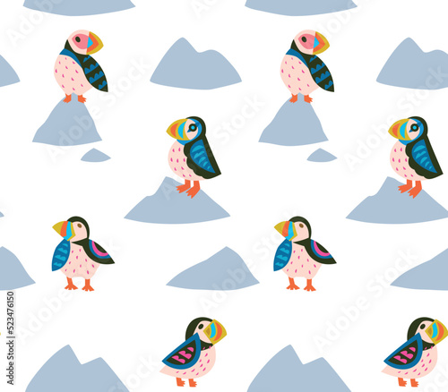 Puffins on the rocks seamless pattern