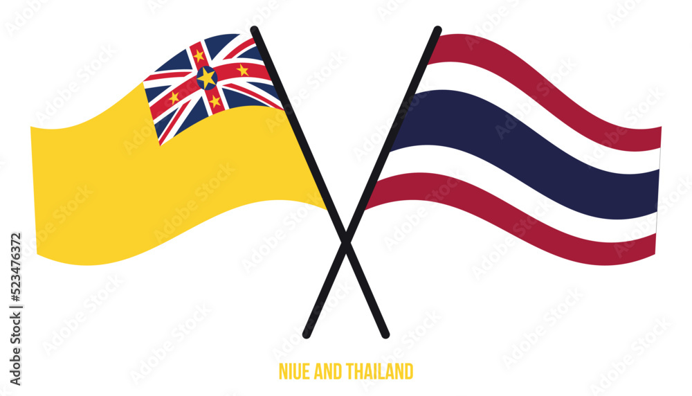 Niue and Thailand Flags Crossed And Waving Flat Style. Official Proportion. Correct Colors.