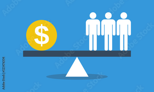 Group of peoples and dollar coin in equilibrium on seesaw. Concept of work and salary balance. Vector flat style infografics illustration.