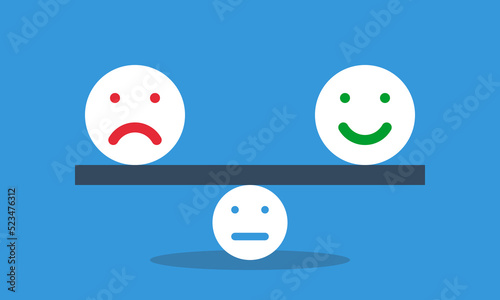 in equilibrium on seesaw. Positive and negative emotions balance concept. Lifestyle choose be happy or sad. Vector flat style infografics illustration.