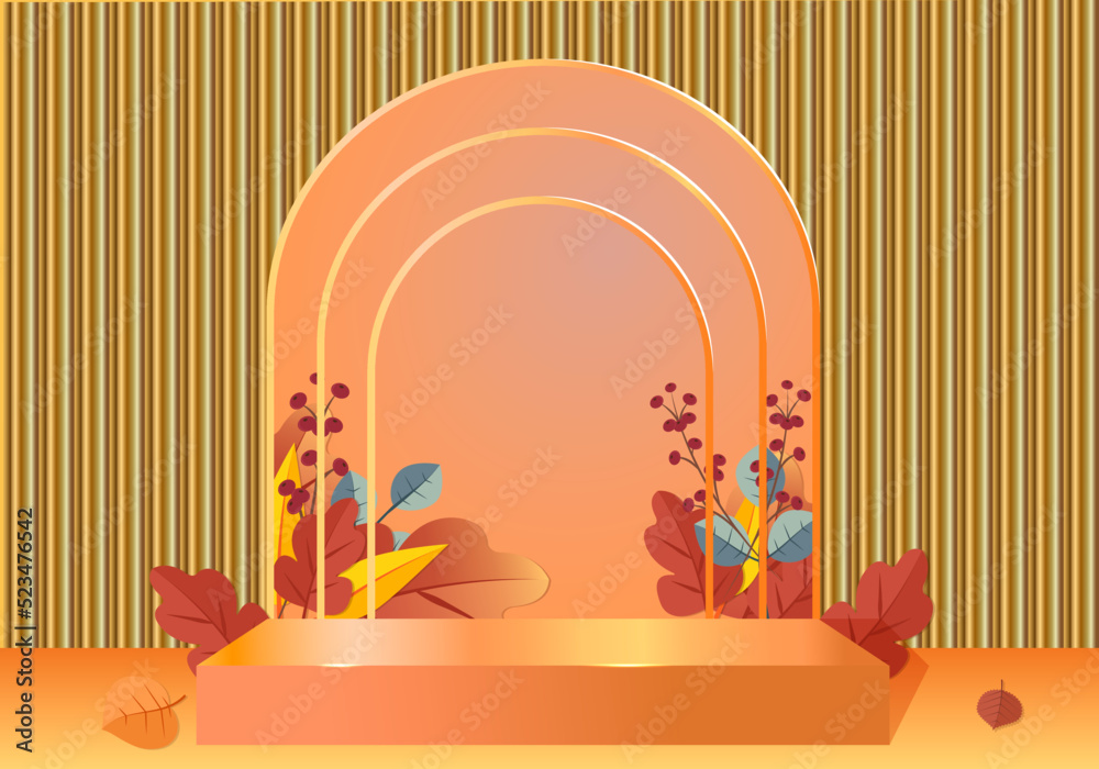 3d podium. Abstract minimal scene with autumn geometric forms. cylinder podium in orange background with autumn plant leaves. product presentation, mockup, show product, podium, stage pedestal.
