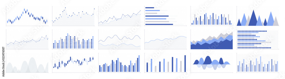 Business graphs and charts icons. Business infographics icons. Statistic and data, charts diagrams, money, down or up arrow, economy reduction. Financial chart. Vector illustration.