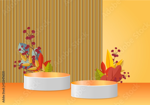 3d podium. Abstract minimal scene with autumn geometric forms. cylinder podium in orange background with autumn plant leaves. product presentation, mockup, show product, podium, stage pedestal.