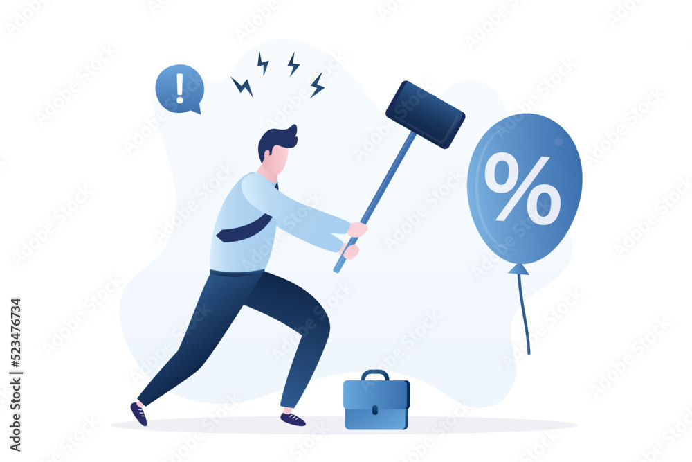 Businessman hitting balloon with hammer. Beat inflation. High interest rates on loans. Federal Reserve seeks to control inflation by influencing interest rates. Economic risk - obrazy, fototapety, plakaty 