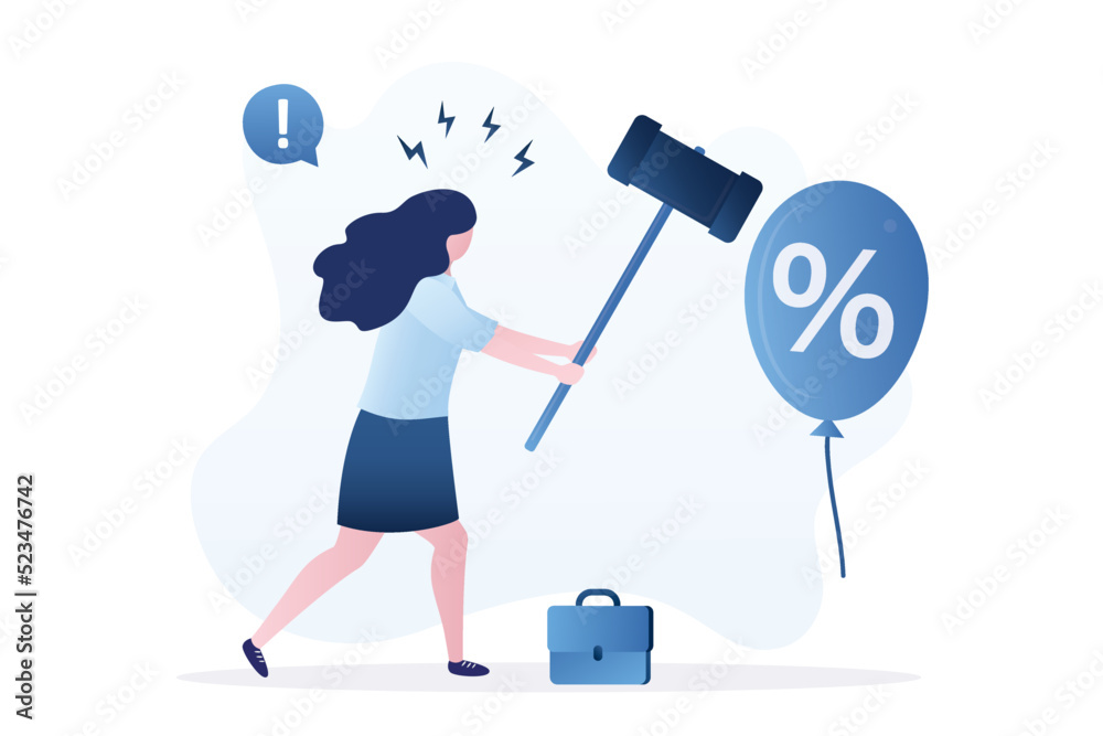 Businesswoman hitting balloon with hammer. Beat inflation. High interest rates on loans. Federal Reserve seeks to control inflation by influencing interest rates. Economic risk Businesswoman hitting balloon with hammer. Beat inflation. High interest rates on loans. Federal Reserve seeks to control inflation by influencing interest rates. Economic risk