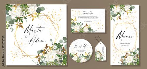 Wedding Invitation, menu, label, envelope. Floral design green watercolor eucalyptus leaves, foliage greenery decorative print. Vector elegant cute rustic.
