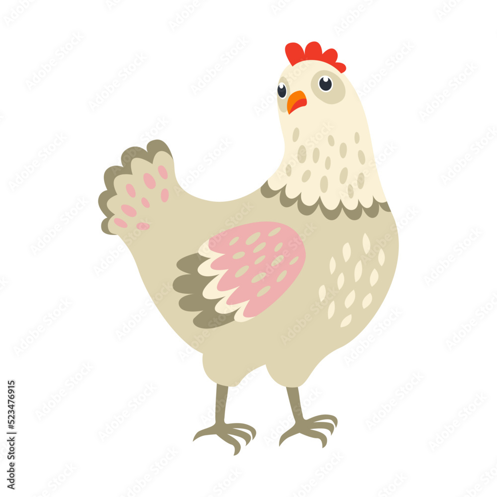 Cute chicken flat icon. Cartoon hen standing, sitting in nest isolated vector illustration. Funny domestic birds