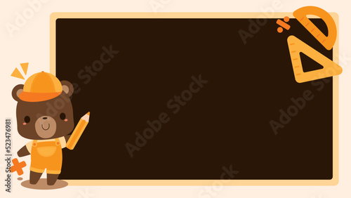 Cute brown bear student cartoon character pointing at blackboard. Perfect educational presentation background for mathematics subject. Back to school concept. 