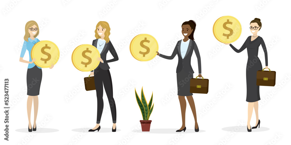Set of various businesswomen holding dollar coins. Multiethnic women traders with golden coins. Successful entrepreneurs with profit. Group of confident female characters. Set of various businesswomen holding dollar coins. Multiethnic women traders with golden coins. Successful entrepreneurs with profit. Group of confident female characters.