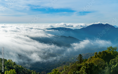 Fog floating on the mountain and sky is a beautiful view. popular tourist destination. The Doi Inthanon Chiang Mai, Thailand.