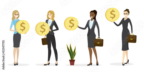 Set of various businesswomen holding dollar coins. Multiethnic women traders with golden coins. Successful entrepreneurs with profit. Group of confident female characters.