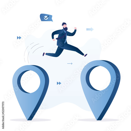 Business relocation, move office to new address or transfer to new location. Career ladder concept. Businessman or company owner jumping from navigation pointer to new place of relocation.