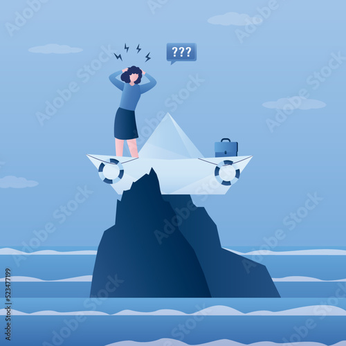 Hopeless businesswoman stuck on shipwrecked on high cliff. Life or business stuck, struggle with problem or obstacle. Mistake or failure cause hopeless situation,