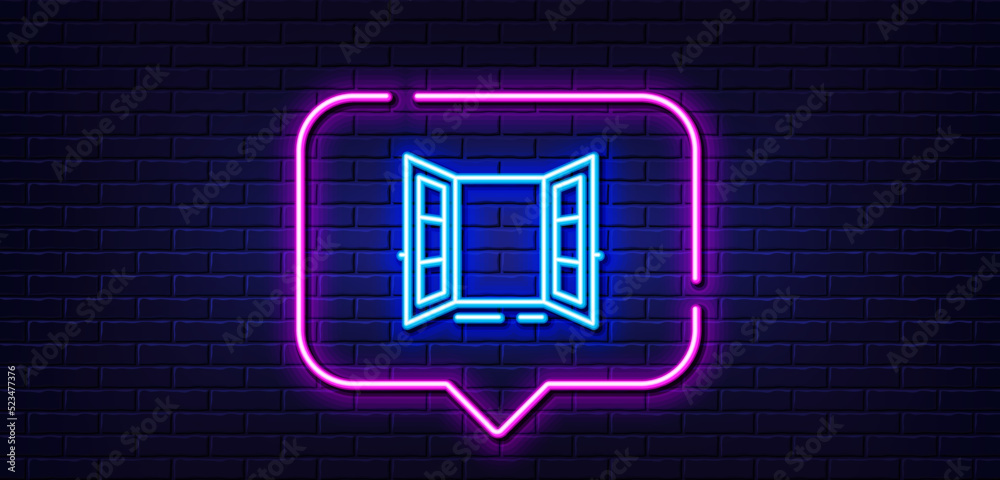 Neon light speech bubble. Open door line icon. Entrance doorway sign. Building exit symbol. Neon light background. Open door glow line. Brick wall banner. Vector Neon light speech bubble. Open door line icon. Entrance doorway sign. Building exit symbol. Neon light background. Open door glow line. Brick wall banner. Vector