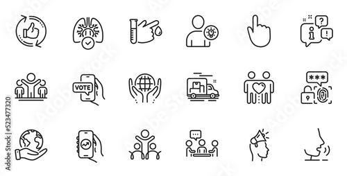 Outline set of Organic tested, Brand ambassador and Biometric security line icons for web application. Talk, information, delivery truck outline icon. Vector