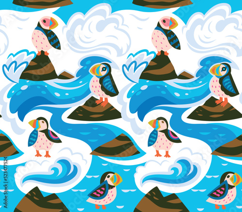 Puffins on the rocks seamless pattern