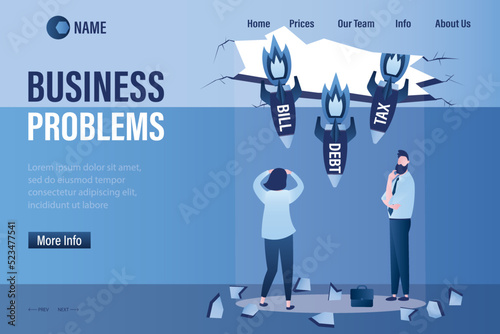 Business problems, landing page template. Bombs break through roof of enterprise. Businesspeople have debts, high taxes. Company with losses, trouble with development of startup.