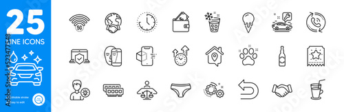 Outline icons set. Beer bottle, Pet friendly and Wallet icons. Global business, Court judge, Laptop insurance web elements. Car service, Call center, Ram signs. Gears, Undo, Time. Vector