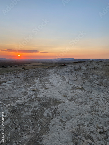 Sunset in the desert mountain. The Royal Bardenas. Desert modeled almost lunar landscape.