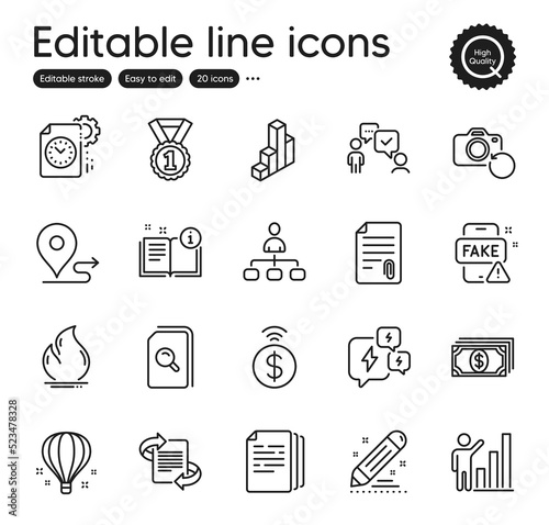 Fototapeta Naklejka Na Ścianę i Meble -  Set of Education outline icons. Contains icons as Fake news, Project deadline and Manual elements. Payment, Fire energy, Graph chart web signs. Contactless payment, Search files. Vector