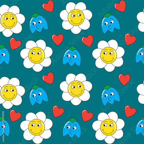 Background with funny characters. Bright seamless vector pattern with hearts of kawaii daisy and bellflowers in a fashionable retro cartoon flat style.