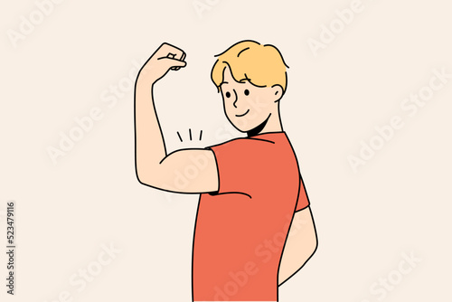 Smiling young man showing muscles. Happy healthy guy demonstrate muscular toned body. Sport and physical activity. Vector illustration. 
