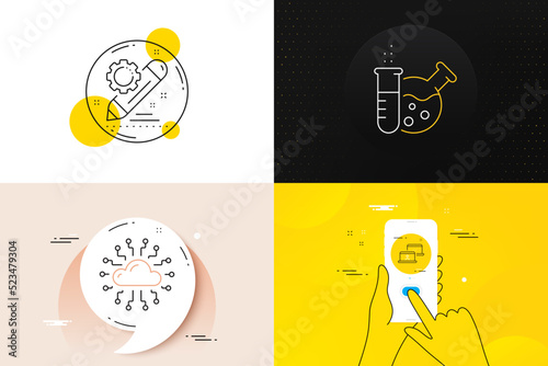 Minimal set of Cloud network, Project edit and Outsource work line icons. Phone screen, Quote banners. Chemistry lab icons. For web development. Online storage, Settings, Remote job. Vector