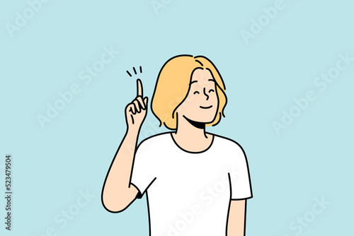 Smiling woman hold finger up generate creative idea or though. Happy female find answer or solve problem. Solution concept. Vector illustration. 