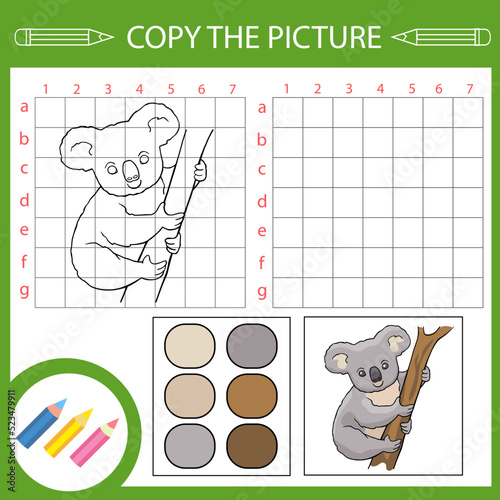 Copy drawing of koala. Kids worksheet and activity page. Children riddle. Education game with cartoon animals. Children’s art lessons.