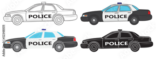 Set of Vector illustration of a police car on a white background.Profile view.