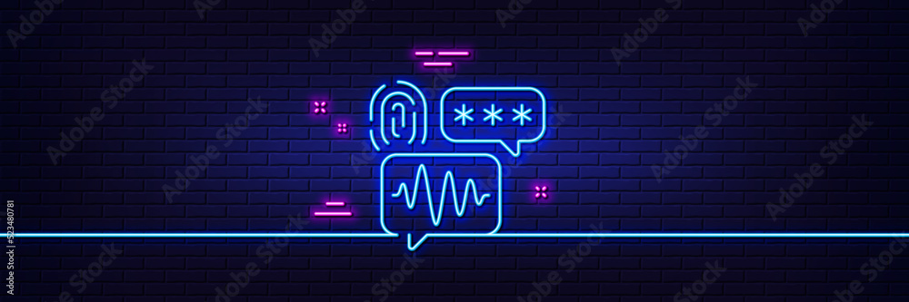 Neon light glow effect. Biometric security line icon. Fingerprint scan sign. Privacy data symbol. 3d line neon glow icon. Brick wall banner. Biometric security outline. Vector