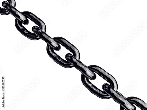 Close-up metal chain on a white background, located diagonally. Gray tones. Horizontal photo. Background, wallpaper, postcard.
