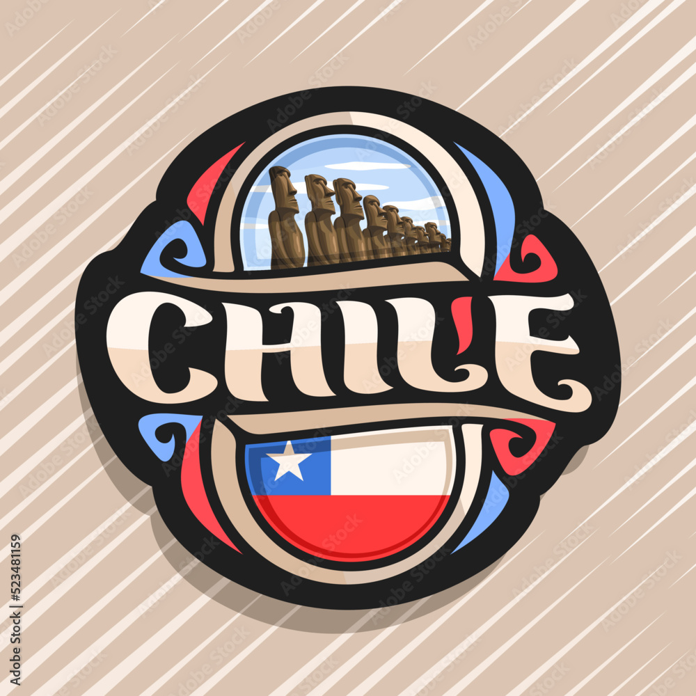 Vector logo for Chile country, fridge magnet with chilean state flag, original brush typeface for word chile and national chilean symbol - stone moai statues on Easter island on cloudy sky background Vector logo for Chile country, fridge magnet with chilean state flag, original brush typeface for word chile and national chilean symbol - stone moai statues on Easter island on cloudy sky background