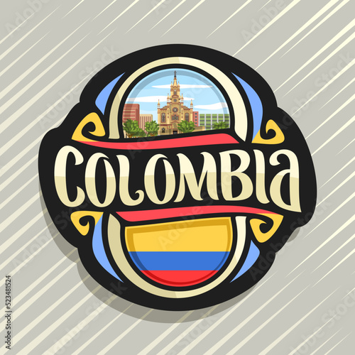 Vector logo for Colombia country, fridge magnet with colombian flag, original brush typeface for word colombia, national colombian symbol - Jesus Nazareno church in Medellin on cloudy sky background