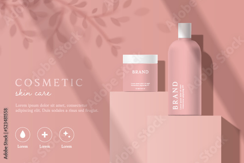 Cosmetics and skin care product ads template on pink background with shadow.