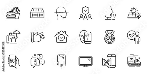 Outline set of Face biometrics, Face scanning and Dog competition line icons for web application. Talk, information, delivery truck outline icon. Vector
