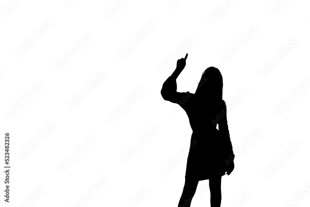 Silhouette teenager girl showing that an idea has emerged, isolated white background. Teen raised hand with index finger. Silhouettes contour of girl say IDEAS. Copy space