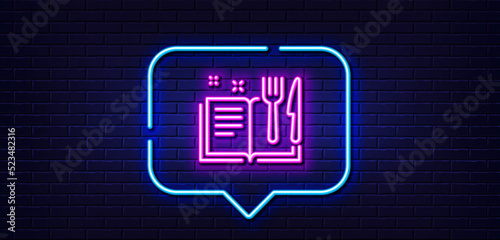 Neon light speech bubble. Recipe book line icon. Cutlery sign. Fork, knife symbol. Neon light background. Recipe book glow line. Brick wall banner. Vector